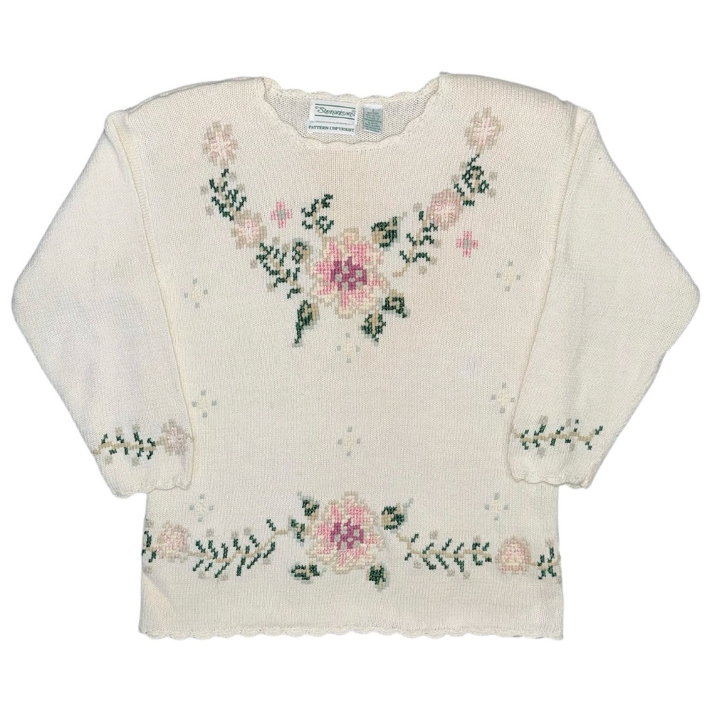 VTG 90s Shenanigans Floral Knit Sweater Sz S Cottagecore Cream Pastel Scalloped